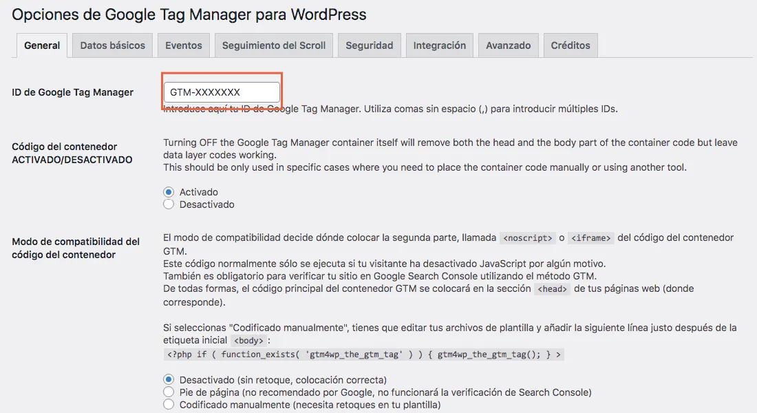 Añadir el ID de Google Tag Manager en WordPress con el plugin GTM4WP
